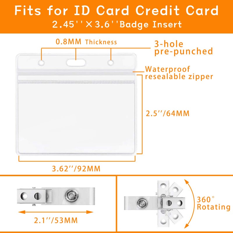 ZHEGUI ID Badge Holder with Clip Clear Plastic Name Tag Holders Horizontal Ziplock Waterproof PVC ID Card Holder with Clip Straps(50 Pack, Horizontal 2.3X3.5) - Image 3